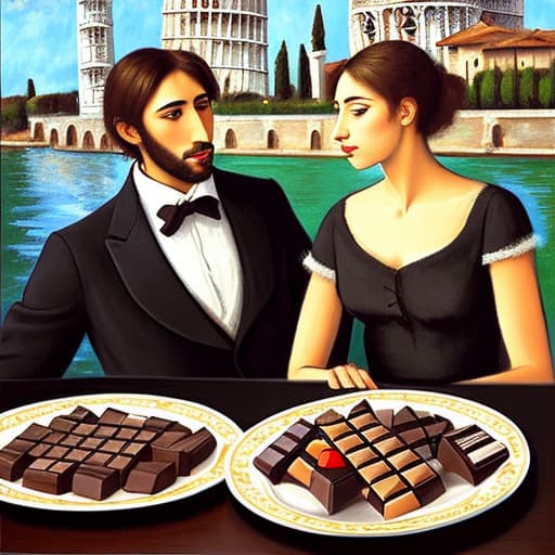  Attractive Beautiful young modern Italian couple dressed in modern designer attire looking. Foreground plates of fine dark chocolates on a table. Background leaning tower of Pisa. Painting style of Edgar Degas