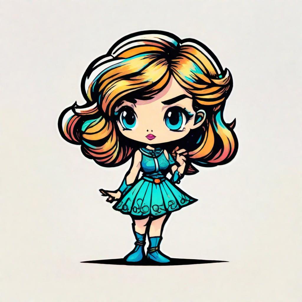  1 girl, tiny, chibi, colored,  inked retro comic, pop surrealism, white background, ((solo, centered)), full body, dynamic pose, perfectly hand drawn by Louis Comfort Tiffany,