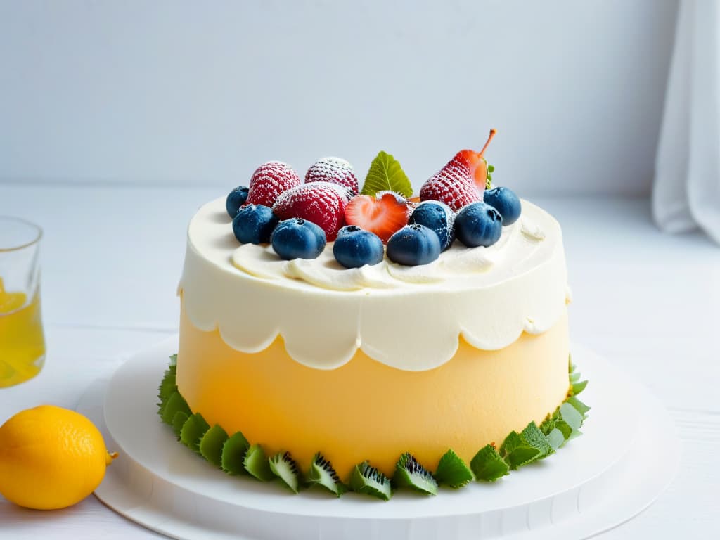  A highresolution, minimalist image of a perfectly balanced vegan cake, showcasing layers of moist sponge, creamy frosting, and fresh fruit decorations. The cake is elegantly displayed on a simple white platter, with a backdrop of soft, natural lighting that highlights the texture and colors of the ingredients. The focus is on the harmonious combination of flavors and textures, symbolizing the art of balancing ingredients in vegan baking. hyperrealistic, full body, detailed clothing, highly detailed, cinematic lighting, stunningly beautiful, intricate, sharp focus, f/1. 8, 85mm, (centered image composition), (professionally color graded), ((bright soft diffused light)), volumetric fog, trending on instagram, trending on tumblr, HDR 4K, 8K