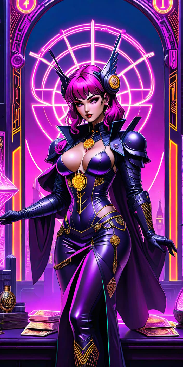  neonpunk style The Tarot Card of Attribution . cyberpunk, vaporwave, neon, vibes, vibrant, stunningly beautiful, crisp, detailed, sleek, ultramodern, magenta highlights, dark purple shadows, high contrast, cinematic, ultra detailed, intricate, professional hyperrealistic, full body, detailed clothing, highly detailed, cinematic lighting, stunningly beautiful, intricate, sharp focus, f/1. 8, 85mm, (centered image composition), (professionally color graded), ((bright soft diffused light)), volumetric fog, trending on instagram, trending on tumblr, HDR 4K, 8K