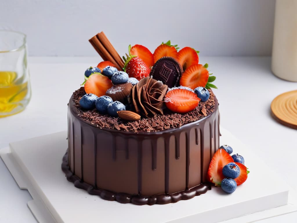  A minimalist, highresolution image of a decadent triplelayered chocolate cake topped with glossy chocolate ganache, surrounded by scattered cocoa beans and delicate chocolate shavings on a clean, white marble background. hyperrealistic, full body, detailed clothing, highly detailed, cinematic lighting, stunningly beautiful, intricate, sharp focus, f/1. 8, 85mm, (centered image composition), (professionally color graded), ((bright soft diffused light)), volumetric fog, trending on instagram, trending on tumblr, HDR 4K, 8K