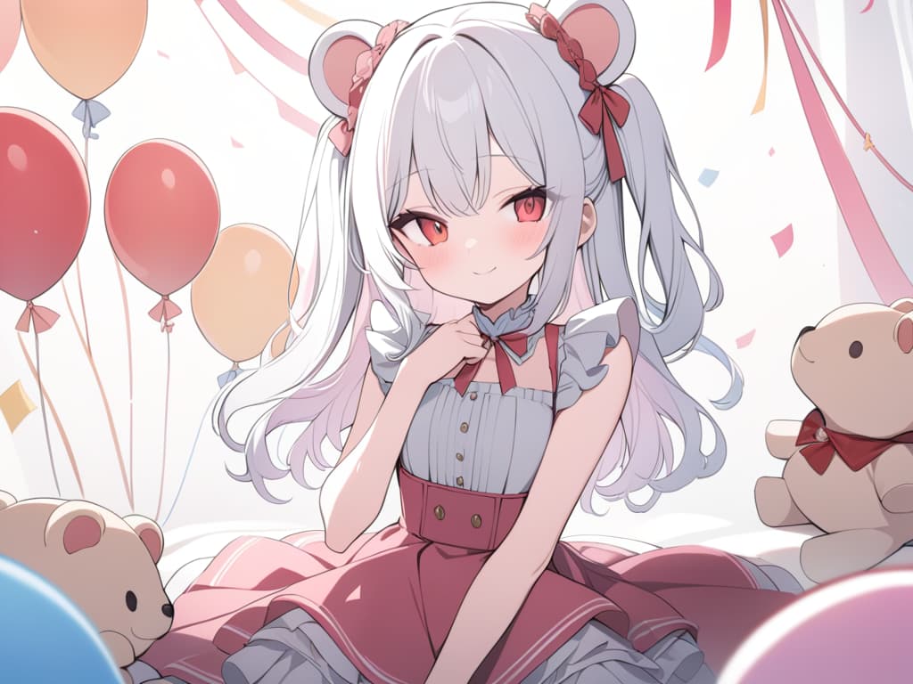  1 Girl, solo, white hair, dark pink, gradation, twosideup, long hair, smile, birthday, cute, cute, pink, balloons, celebration, red eyes, sauce eyes, roses, bear stuffed animals, masterpiece, best quality,8k,ultra detailed,high resolution,an extremely delicate and beautiful,hyper detail