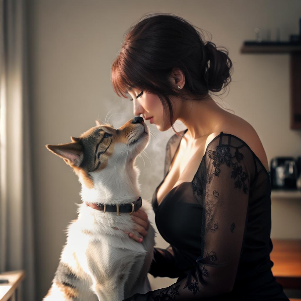  Dog kiss cat hyperrealistic, full body, detailed clothing, highly detailed, cinematic lighting, stunningly beautiful, intricate, sharp focus, f/1. 8, 85mm, (centered image composition), (professionally color graded), ((bright soft diffused light)), volumetric fog, trending on instagram, trending on tumblr, HDR 4K, 8K