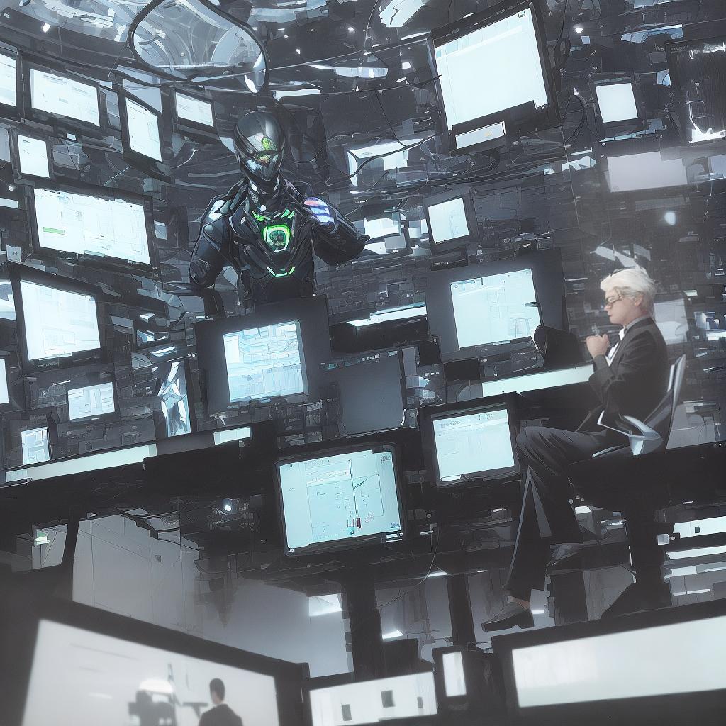  A cybersecurity expert in a stylish black suit sits in a dimly lit room with computer screens displaying lines of code and intricate network diagrams. The environment is a high-tech control center full of futuristic gadgets and sophisticated security systems. The atmosphere is tense and focused, and there is a sense of urgency in the air. Style is a realistic digital illustration showing complex details of a professional's face and equipment. Lighting is a combination of soft blue ambient light and glow from a computer screen. Implementation: Digital illustrations with professional 3D models using Adobe Photoshop, with high quality textures and lighting effects.