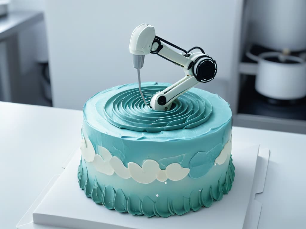  An ultradetailed 8k image of a sleek, futuristic robotic arm delicately piping intricate designs on a beautifully crafted artisanal cake. The robotic arm is adorned with advanced technology, seamlessly integrating into a cozy, artisanal bakery setting, showcasing the harmonious blend of traditional craftsmanship with cuttingedge automation in the art of pastry making. The image captures the precision and elegance of robotic automation in the realm of artisanal confectionery, serving as a visual testament to the seamless fusion of technology and artistry in the world of smallscale bakery businesses. hyperrealistic, full body, detailed clothing, highly detailed, cinematic lighting, stunningly beautiful, intricate, sharp focus, f/1. 8, 85mm, (centered image composition), (professionally color graded), ((bright soft diffused light)), volumetric fog, trending on instagram, trending on tumblr, HDR 4K, 8K