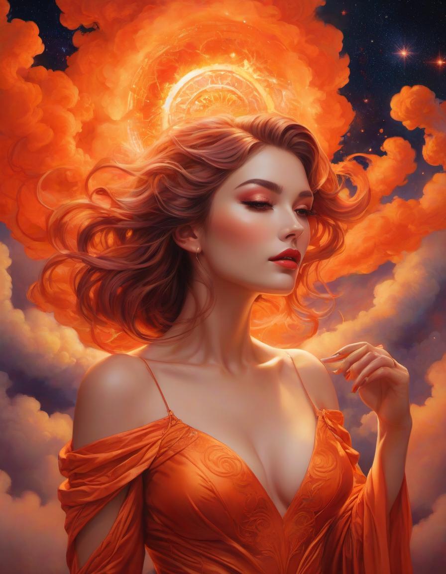  psychedelic style Gorgeous Goddess of fire, (floating on a fiery orange cloud); perfect hair, perfect full lips, Detailed perfect body, her body is all without blemish, stunning In A Milky Way Garden, background of flames, floating on clouds, Highly Stylized Features; (Full Body), Unsplash, Highly Detailed, Digital Painting, Intricately Detailed Eyes, Colourful, Ink Painting, Beautiful Watercolor Painting, Realistic, Detailed, Fine Art, Oil Painting, Finely Drawn Hands; By Artgerm, By Alphonse Mucha, By Ilya Kuvshinov, Painting By Olga Shvartsur, Svetlana Novikova . vibrant colors, swirling patterns, abstract forms, surreal, trippy hyperrealistic, full body, detailed clothing, highly detailed, cinematic lighting, stunningly beautiful, intricate, sharp focus, f/1. 8, 85mm, (centered image composition), (professionally color graded), ((bright soft diffused light)), volumetric fog, trending on instagram, trending on tumblr, HDR 4K, 8K