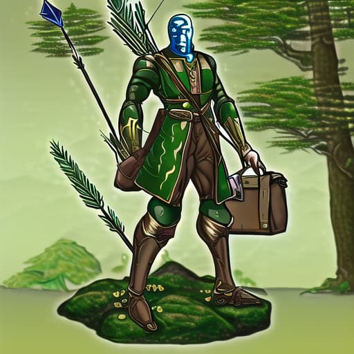  nature background warforged, his body fully is a tree body robot, behind him it's a large satchel bag, he holding a longbow in his hand, in large satchel bag is arrow, he wereing ranger clothes.