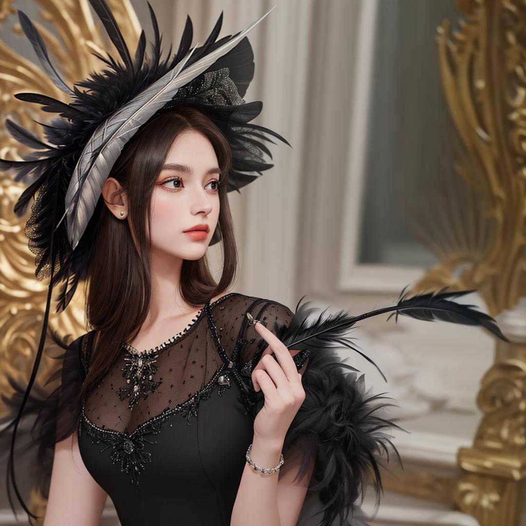  masterpiece, best quality, Best quality, masterpiece, 8k resolution, realistic, highly detailed, women, black dress, looking over shoulder, feather hat, fancy