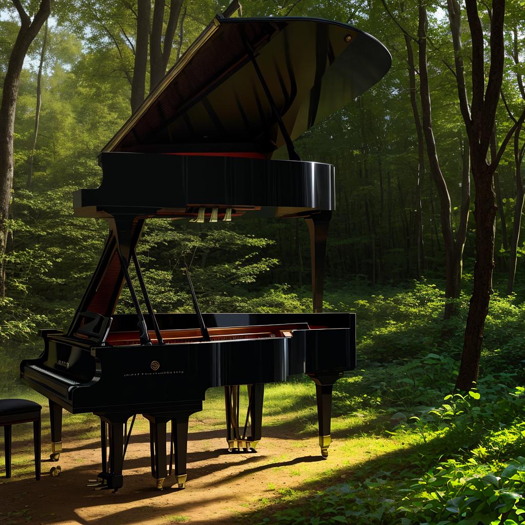  An anthropomorphic robot playing a grand piano in a sunlit, serene forest clearing