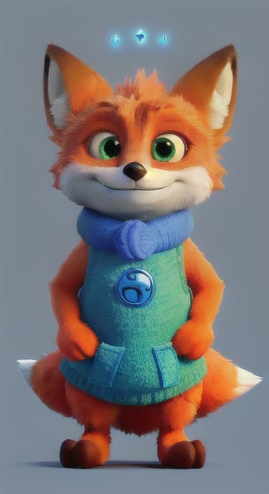  {Error the fox pressing the blue button with his paw, looking puzzled as nothing occurs., Error is a small, bright orange fox with a fluffy tail and big, inquisitive eyes. He has a mischievous yet kind expression and wears a tiny green scarf.