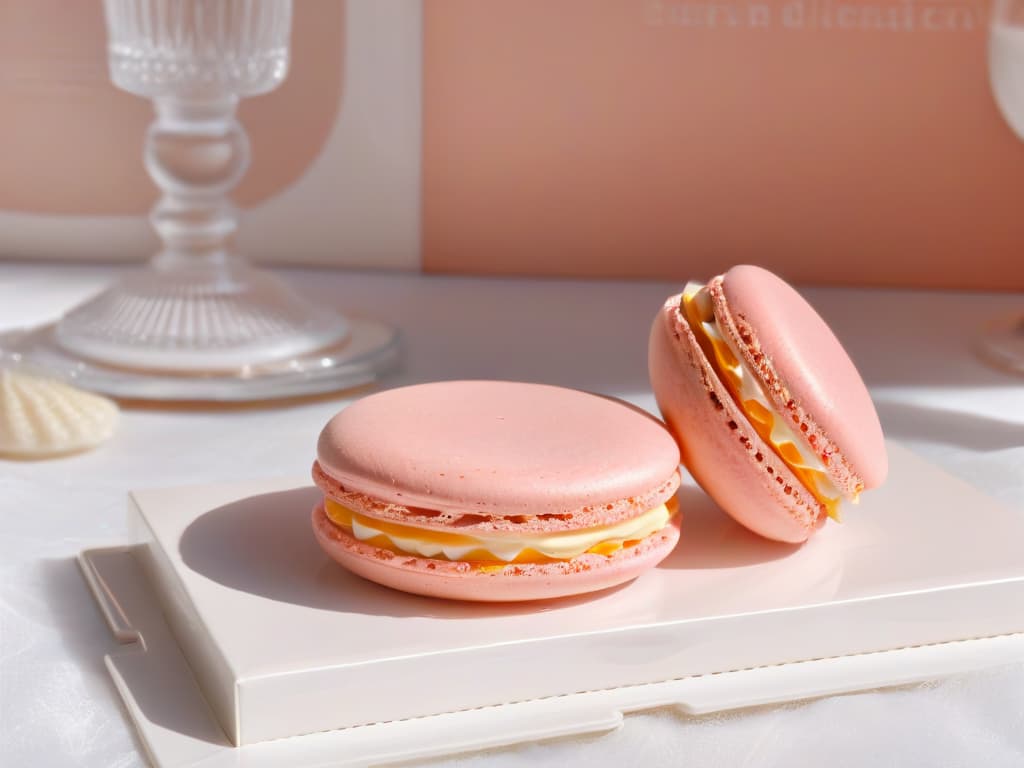  A closeup, ultradetailed image of a perfectly crafted pastel pink macaron with a delicate, smooth surface, showcasing intricate feet, set against a softfocus background of a Parisian café interior with elegant French décor. The macaron is positioned on a delicate, ornate porcelain plate, with dappled natural light filtering through a nearby window, casting a gentle, flattering glow on its surface. The image captures the essence of Parisian sophistication and gourmet craftsmanship, evoking a sense of luxury and indulgence. hyperrealistic, full body, detailed clothing, highly detailed, cinematic lighting, stunningly beautiful, intricate, sharp focus, f/1. 8, 85mm, (centered image composition), (professionally color graded), ((bright soft diffused light)), volumetric fog, trending on instagram, trending on tumblr, HDR 4K, 8K