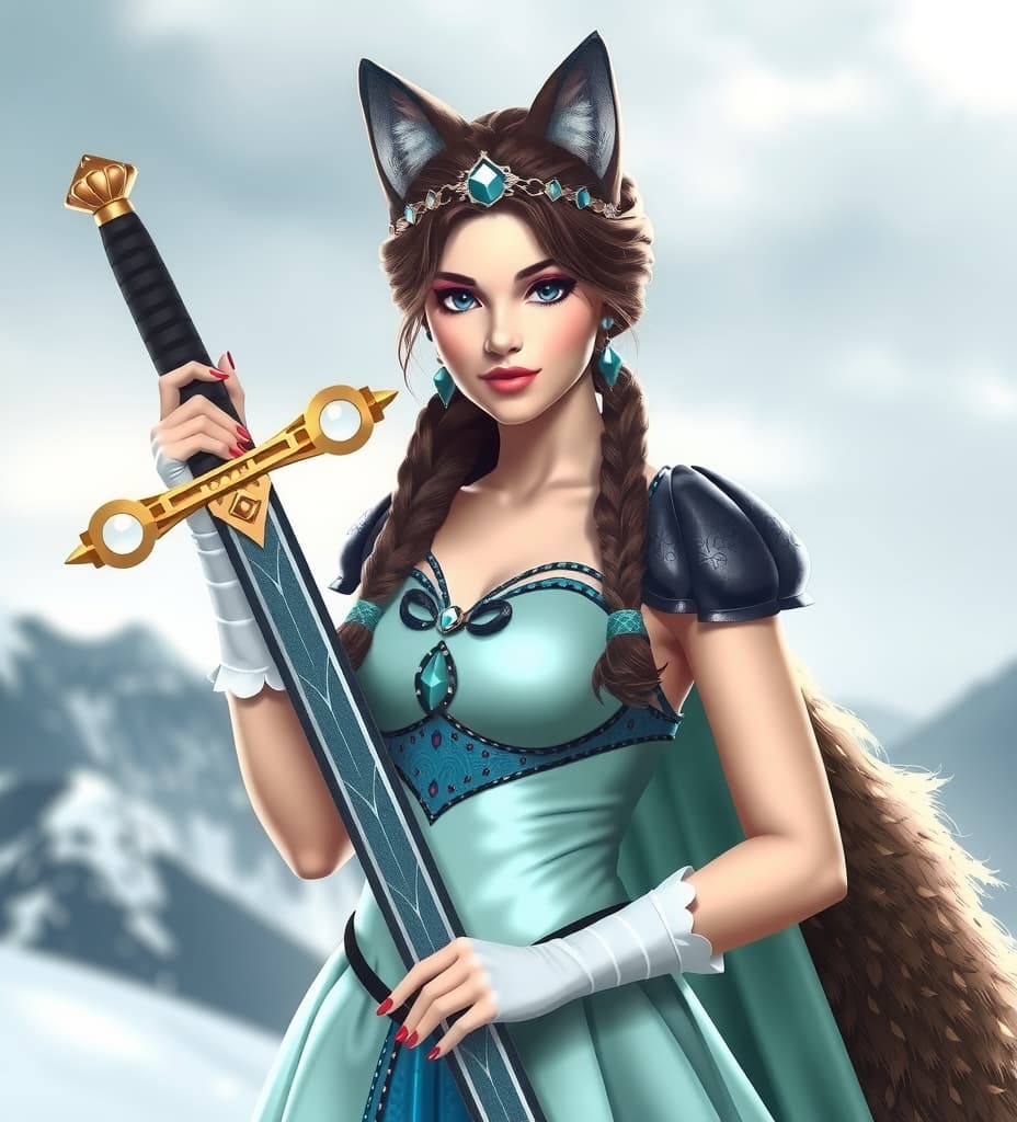  good quality, high quality, real looking beautiful princess of the ice castle with a sword and wolf ears and tail