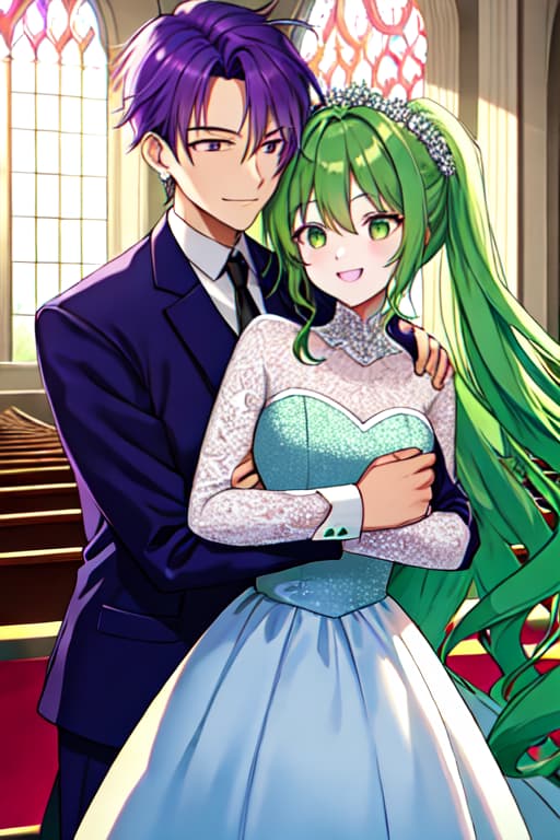  Green hair and purple hair wedding dress, hugging with excitement in the church