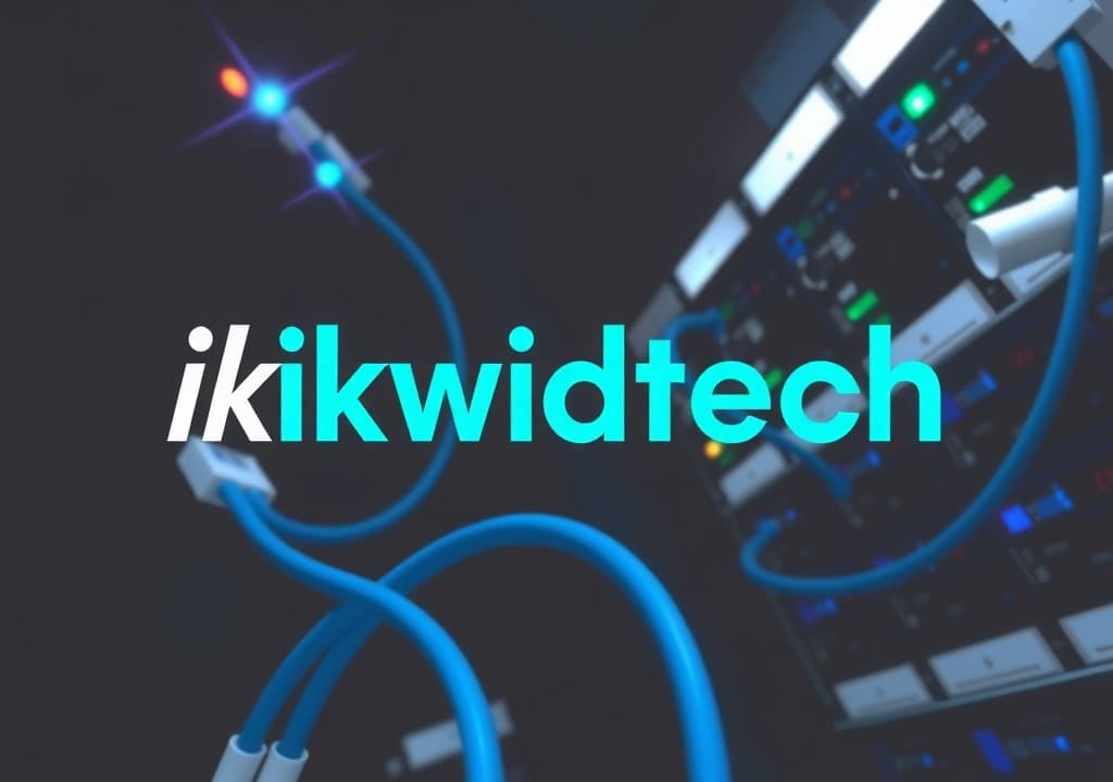  good quality, high quality, make a logo with the name "ikwidtech" in it with servers and fiber optic networking cables and technical things like servers in the background