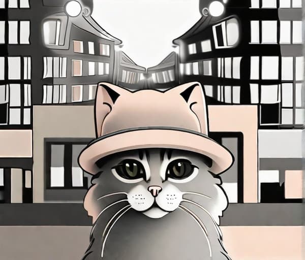  colouring book, greyscale , cute cat in a hat