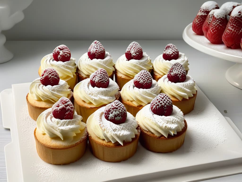  A serene and elegant image of a perfectly arranged display of freshly baked glutenfree magdalenas on a sleek, modern white platter. Each magdalena is adorned with a sprinkle of powdered sugar and a vibrant, fresh raspberry on top, showcasing their deliciousness and inviting presentation. The background is a soft focus of a cozy kitchen setting, with hints of warm natural light streaming in, adding a touch of homely charm to the scene. hyperrealistic, full body, detailed clothing, highly detailed, cinematic lighting, stunningly beautiful, intricate, sharp focus, f/1. 8, 85mm, (centered image composition), (professionally color graded), ((bright soft diffused light)), volumetric fog, trending on instagram, trending on tumblr, HDR 4K, 8K