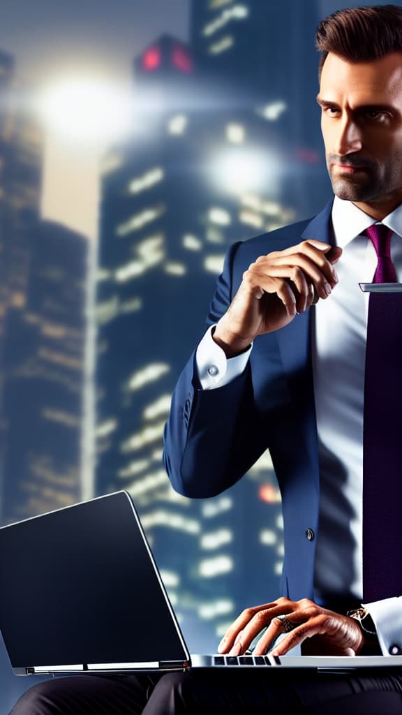  a business man with suite, using laptop to marketing his business hyperrealistic, full body, detailed clothing, highly detailed, cinematic lighting, stunningly beautiful, intricate, sharp focus, f/1. 8, 85mm, (centered image composition), (professionally color graded), ((bright soft diffused light)), volumetric fog, trending on instagram, trending on tumblr, HDR 4K, 8K