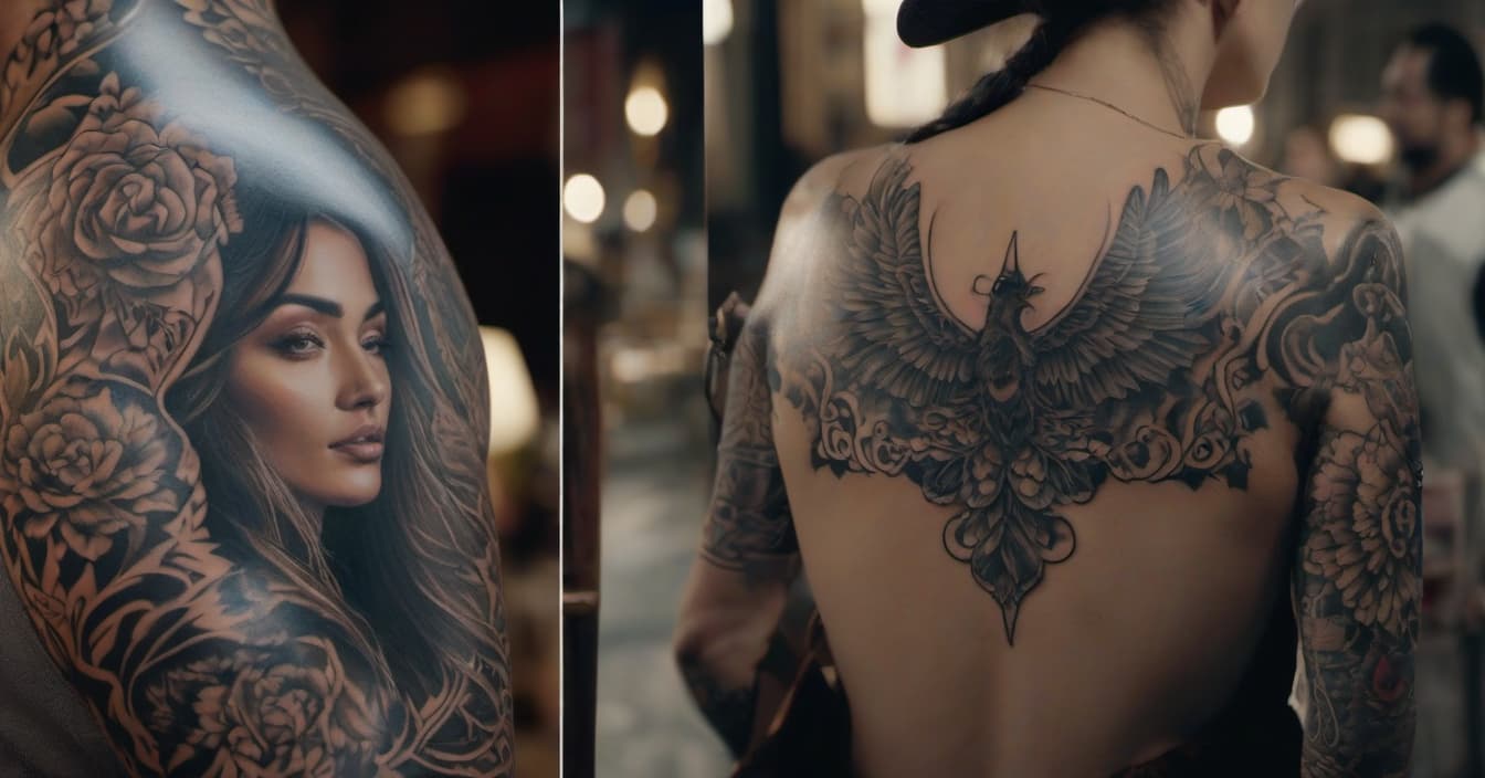  A portrait of a man is drawn using a tattoo on the back of a woman. accordingly, My response is only translation: A portrait of a man is drawn using a tattoo on the back of a woman. hyperrealistic, full body, detailed clothing, highly detailed, cinematic lighting, stunningly beautiful, intricate, sharp focus, f/1. 8, 85mm, (centered image composition), (professionally color graded), ((bright soft diffused light)), volumetric fog, trending on instagram, trending on tumblr, HDR 4K, 8K