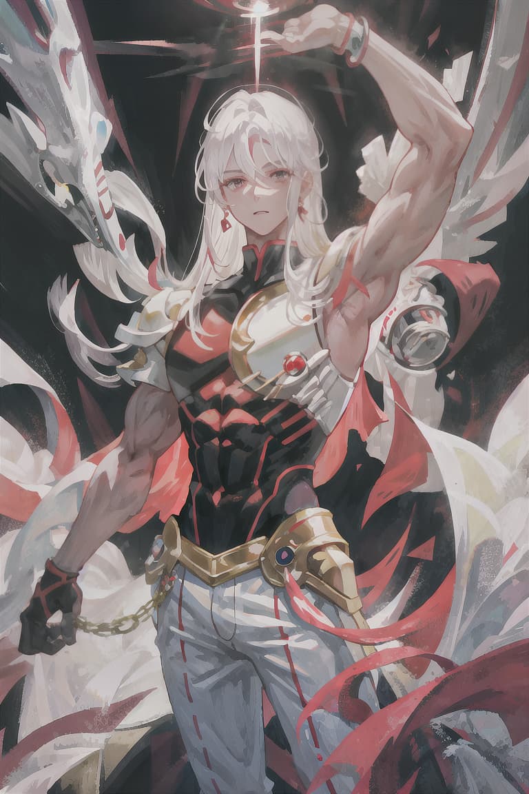  master piece , best quality,White hair, straight hair, dark eyes, male, muscular body, groom, white armor, red jewelry