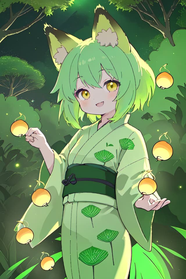  A yukata of the green hair character in the fox ear, the light of countless fireflies shines in the dark countryside, a very beautiful smile, a large amount of fireflies dancing, detailed shadows, delicate lines, detailed fine details. Line, ultra high image quality, 4K, 8K