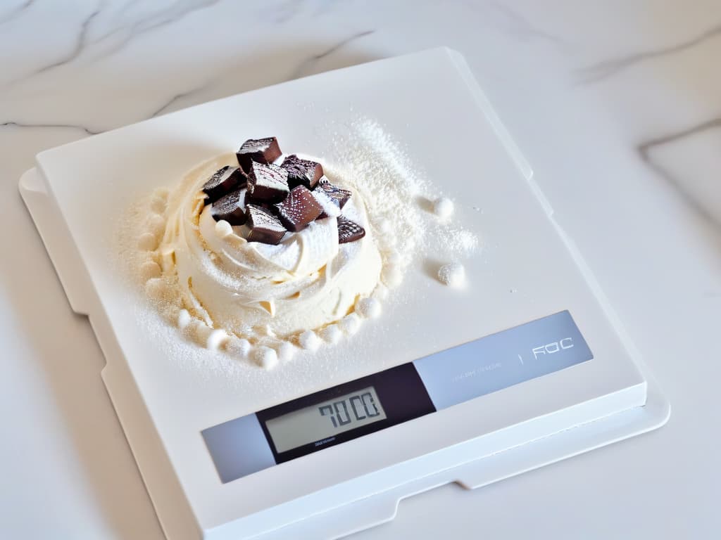  A minimalist yet detailed image of a sleek, modern kitchen scale sitting on a marble countertop. The scale is displaying a perfectly measured amount of flour, with tiny granules of sugar and a few chocolate chips scattered around it. The lighting is soft, casting a gentle shadow of the scale against the smooth surface, enhancing the overall aesthetic appeal of the composition. hyperrealistic, full body, detailed clothing, highly detailed, cinematic lighting, stunningly beautiful, intricate, sharp focus, f/1. 8, 85mm, (centered image composition), (professionally color graded), ((bright soft diffused light)), volumetric fog, trending on instagram, trending on tumblr, HDR 4K, 8K