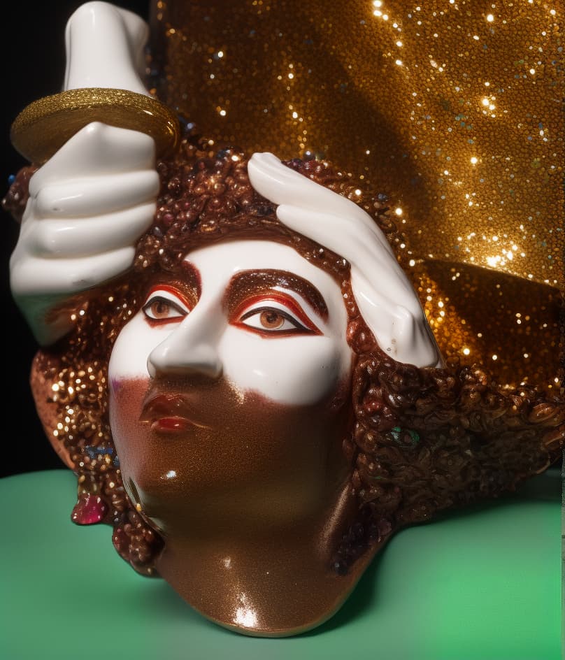  PHOTOGRAPH of a bright, Colorful and Shiny (((Meissen Porcelain HEAD OF HOLOFERNES))) with a (((GLITTERY HAT))), TWO HANDS, FINGERS (((sculptural Porcelain hair))) looking at the viewer, on a black background, Stunning Masterpiece, Wide angle, 3:2 aspect radio, with perfect expression and facial structure, LARGE EYES, in the style of FRAGONARD, ultra sharp focus, 8k, big dark eyes, closed mouth, (((45 degree light))),  hyperrealistic, full body, detailed clothing, highly detailed, cinematic lighting, stunningly beautiful, intricate, sharp focus, f/1. 8, 85mm, (centered image composition), (professionally color graded), ((bright soft diffused light)), volumetric fog, trending on instagram, trending on tumblr, HDR 4K, 8K