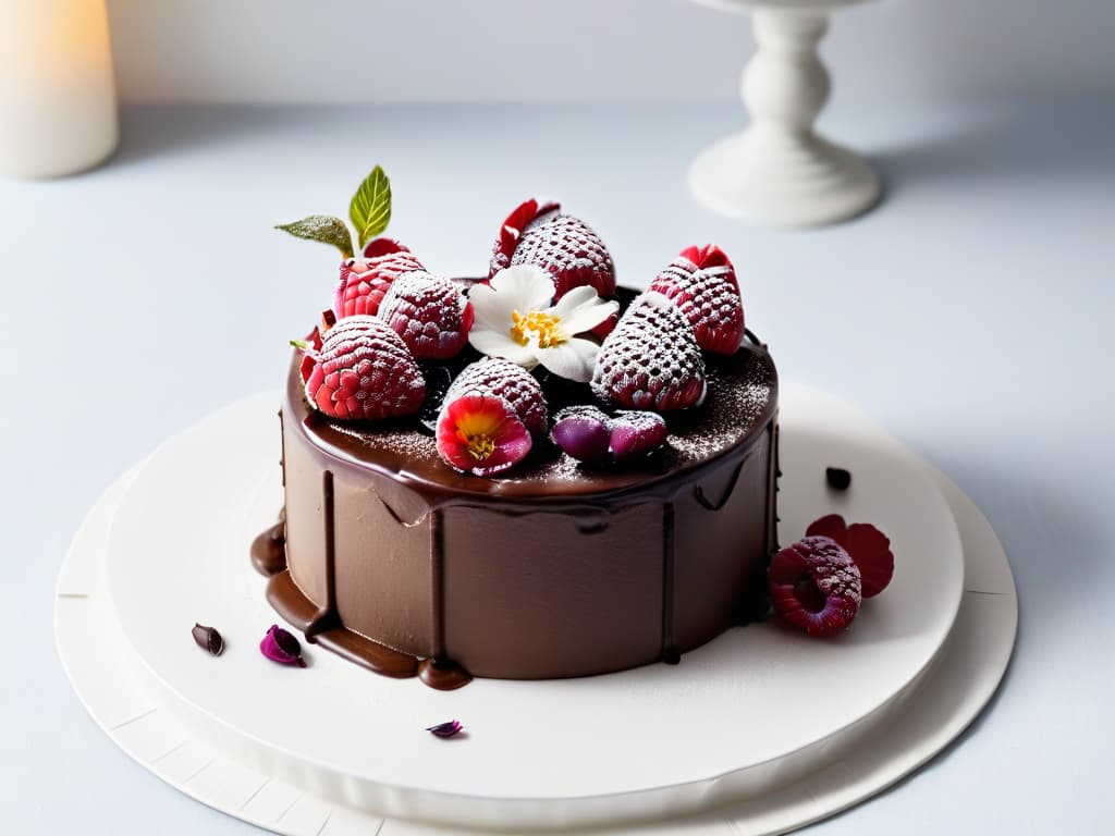  An ultradetailed closeup image of a decadent vegan chocolate cake topped with fresh raspberries and edible flowers, set on a sleek, modern white plate against a soft, blurred background to emphasize the intricate textures and vibrant colors of the dessert. hyperrealistic, full body, detailed clothing, highly detailed, cinematic lighting, stunningly beautiful, intricate, sharp focus, f/1. 8, 85mm, (centered image composition), (professionally color graded), ((bright soft diffused light)), volumetric fog, trending on instagram, trending on tumblr, HDR 4K, 8K