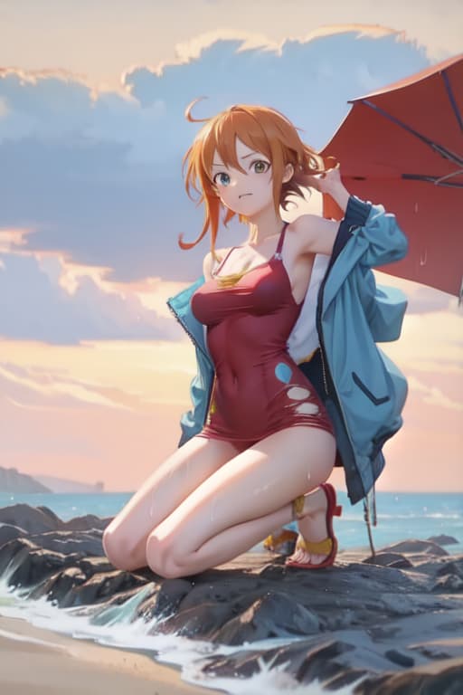  Nami from one piece tweaking in the rain on a beach, full body