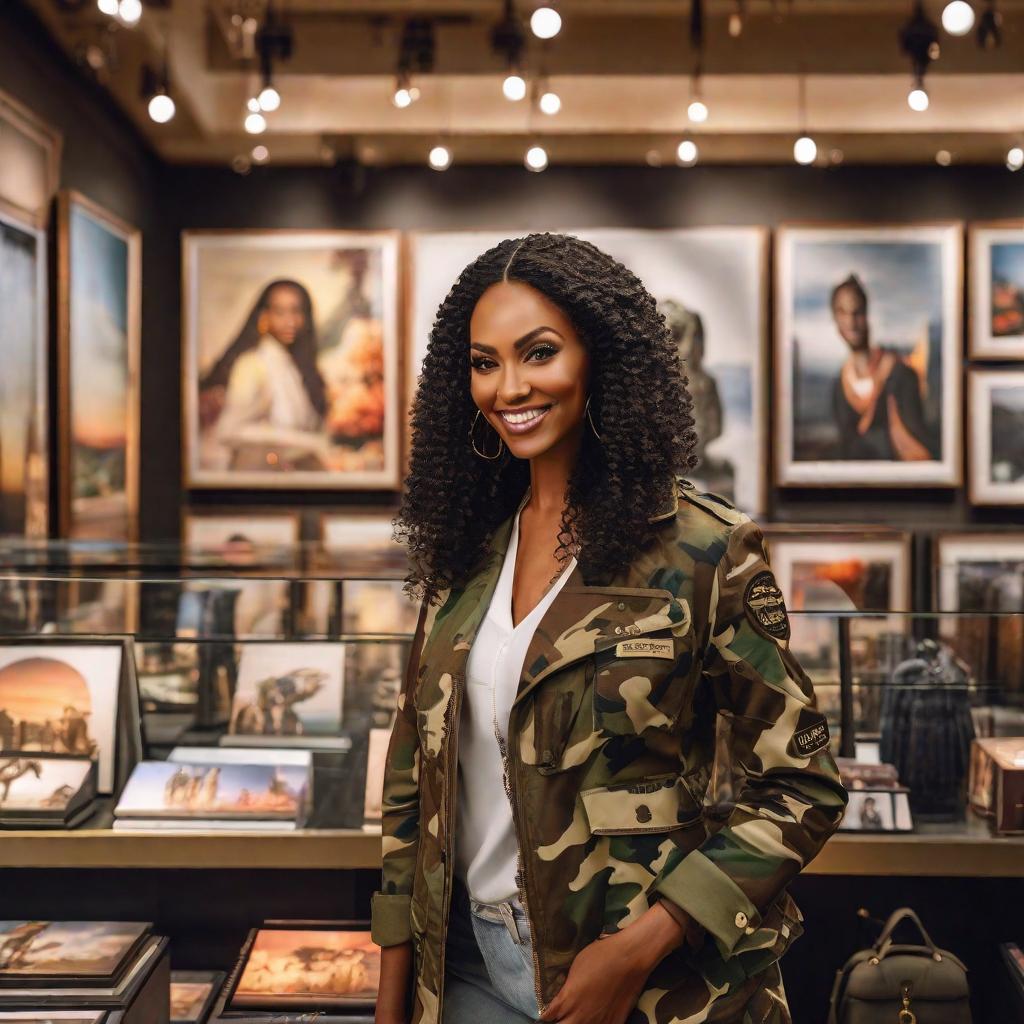  African American Woman smiling in camouflage shopping at a luxury gift shop with expensive paintings on the wall hyperrealistic, full body, detailed clothing, highly detailed, cinematic lighting, stunningly beautiful, intricate, sharp focus, f/1. 8, 85mm, (centered image composition), (professionally color graded), ((bright soft diffused light)), volumetric fog, trending on instagram, trending on tumblr, HDR 4K, 8K