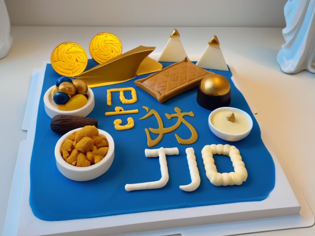  An 8k ultradetailed image of a sleek, minimalist platter featuring decadent Egyptianinspired desserts meticulously arranged in the shape of iconic Egyptian hieroglyphics. Each dessert is artfully crafted to resemble ancient Egyptian symbols, with rich gold and blue hues contrasting against a backdrop of pristine white marble. The desserts exude an air of luxury and sophistication, invoking the opulence of ancient Egyptian royalty while maintaining a modern, minimalist aesthetic. hyperrealistic, full body, detailed clothing, highly detailed, cinematic lighting, stunningly beautiful, intricate, sharp focus, f/1. 8, 85mm, (centered image composition), (professionally color graded), ((bright soft diffused light)), volumetric fog, trending on instagram, trending on tumblr, HDR 4K, 8K