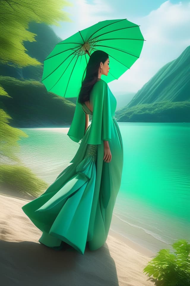  (Beautiful illustration style) White Parasol, Walking on Mountain, Fresh Green, Mysterious Emerald Green Lake, Sandy Beach, High Quality, High Resolution, 8k, hyperrealistic, full body, detailed clothing, highly detailed, cinematic lighting, stunningly beautiful, intricate, sharp focus, f/1. 8, 85mm, (centered image composition), (professionally color graded), ((bright soft diffused light)), volumetric fog, trending on instagram, trending on tumblr, HDR 4K, 8K