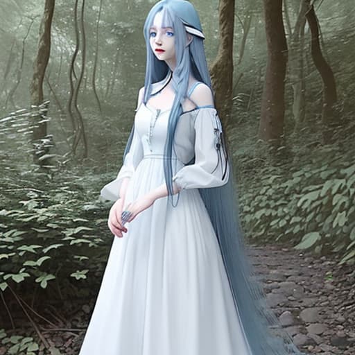  Long blue haired girl in white dress in forest with black crows