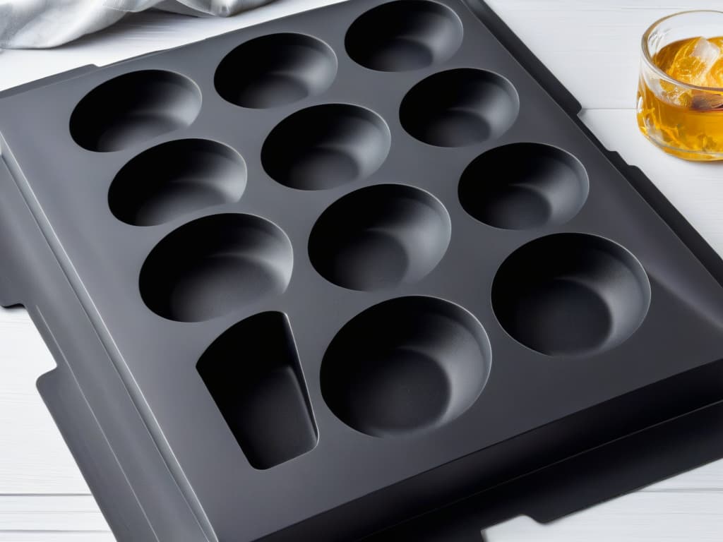  A closeup, ultradetailed image of a sleek, matte black silicone baking mold, perfectly capturing the intricate design of the mold's interior with precise lines and curves. The lighting highlights the smooth texture of the silicone material, emphasizing its highquality and professional craftsmanship. The minimalist composition focuses solely on the elegance and functionality of the mold, creating a visually striking and informative image for the article. hyperrealistic, full body, detailed clothing, highly detailed, cinematic lighting, stunningly beautiful, intricate, sharp focus, f/1. 8, 85mm, (centered image composition), (professionally color graded), ((bright soft diffused light)), volumetric fog, trending on instagram, trending on tumblr, HDR 4K, 8K