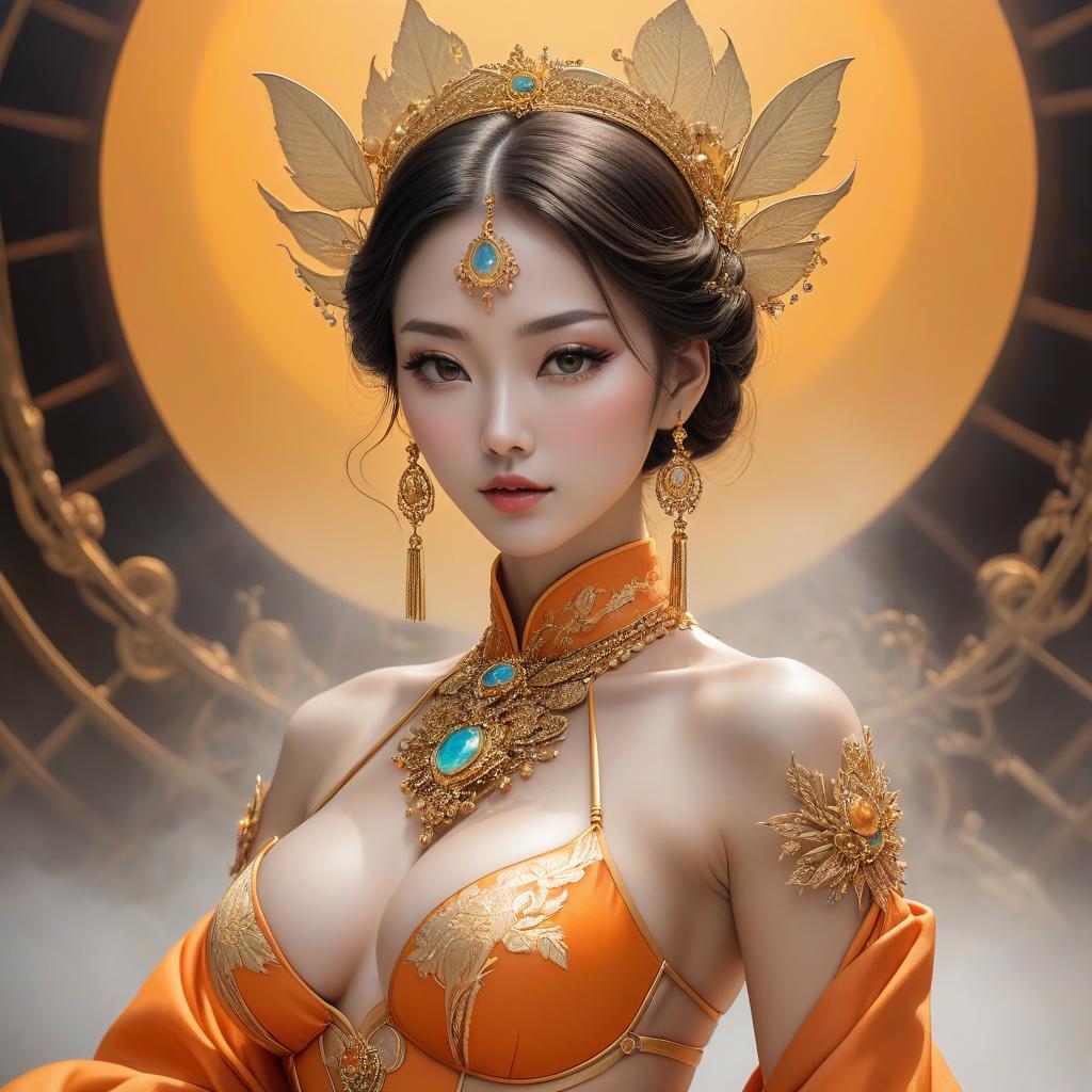  surrealist art A cartoon in an orange costume with gold jewelry, in the style of miho hirano, light yellow and dark brown, close up, traditional costumes, like simplicity, comic art, tondo . dreamlike, mysterious, , symbolic, intricate, detailed hyperrealistic, full body, detailed clothing, highly detailed, cinematic lighting, stunningly beautiful, intricate, sharp focus, f/1. 8, 85mm, (centered image composition), (professionally color graded), ((bright soft diffused light)), volumetric fog, trending on instagram, trending on tumblr, HDR 4K, 8K