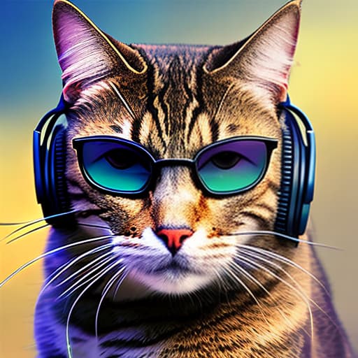 nvinkpunk Realistic image of a cat wearing headphones and reading glasses while riding a bus. hyperrealistic, full body, detailed clothing, highly detailed, cinematic lighting, stunningly beautiful, intricate, sharp focus, f/1. 8, 85mm, (centered image composition), (professionally color graded), ((bright soft diffused light)), volumetric fog, trending on instagram, trending on tumblr, HDR 4K, 8K