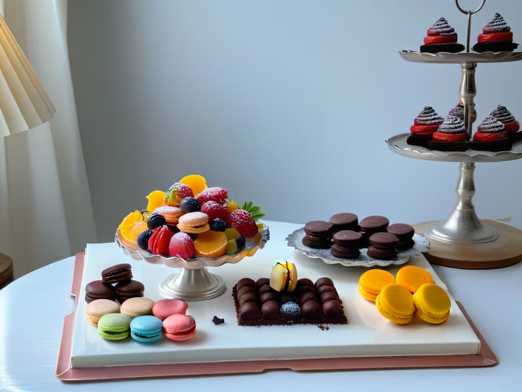  A highresolution, minimalist depiction of a lavish French dessert spread from the 18th century, showcasing intricate pastries, colorful macarons, decadent chocolate truffles, and delicate fruit tarts arranged artfully on a vintage silver platter. The image should evoke opulence and sophistication, with soft, natural lighting highlighting the exquisite details of each dessert, creating a visually striking and elegant composition. hyperrealistic, full body, detailed clothing, highly detailed, cinematic lighting, stunningly beautiful, intricate, sharp focus, f/1. 8, 85mm, (centered image composition), (professionally color graded), ((bright soft diffused light)), volumetric fog, trending on instagram, trending on tumblr, HDR 4K, 8K