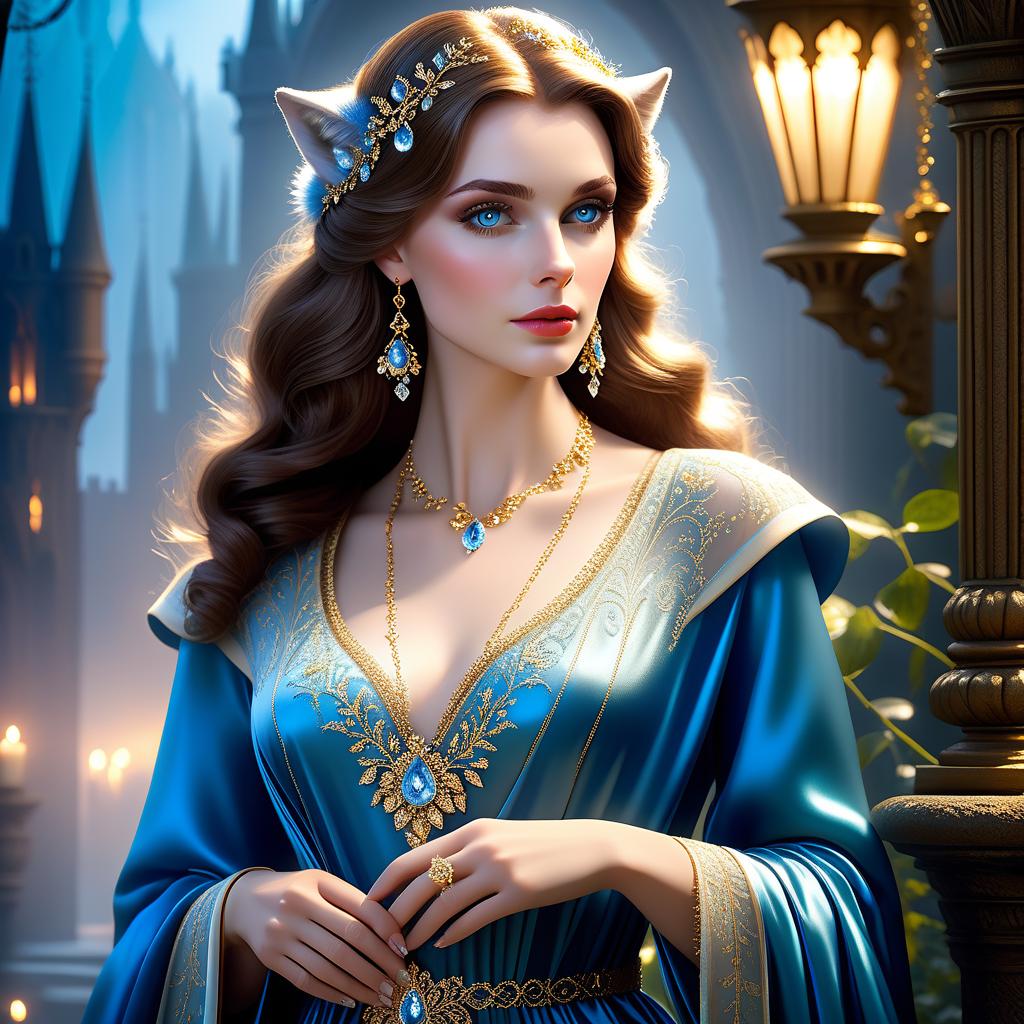  fairy tale (A beautiful ) with knee length brown hair and very sad blue eyes. She had precise facial features, arched eyebrows, and pale, porcelain like skin. Her ears were small, neat and rounded. She was dressed in the latest fashion: silk trousers the colour of early dawn, a gold brocade dressing gown with fur and tied with a sash. Her pale wrists were wrapped in tinkling celets, and her slender neck was adorned with a necklace made of frozen dewdrops. The beauty came closer, and the wolf cub ducked to the ground just in case. He saw the saffiano shoes with curved toes freeze right next to his muzzle. . magical, fantastical, enchanting, storybook style, highly detailed hyperrealistic, full body, detailed clothing, highly detailed, cinematic lighting, stunningly beautiful, intricate, sharp focus, f/1. 8, 85mm, (centered image composition), (professionally color graded), ((bright soft diffused light)), volumetric fog, trending on instagram, trending on tumblr, HDR 4K, 8K