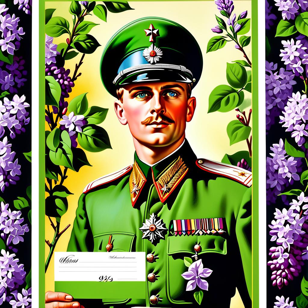  Advertising poster style Victory Day, russian soldier, postcard, covert, letter, salute, lilacs, 1945 May, spring. . Professional, modern, product focused, commercial, eye catching, highly detailed hyperrealistic, full body, detailed clothing, highly detailed, cinematic lighting, stunningly beautiful, intricate, sharp focus, f/1. 8, 85mm, (centered image composition), (professionally color graded), ((bright soft diffused light)), volumetric fog, trending on instagram, trending on tumblr, HDR 4K, 8K