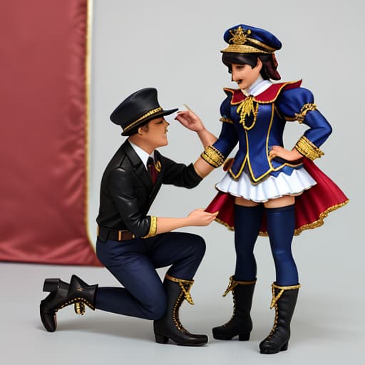  A costume figure is helping another costume figure put on his official boots.