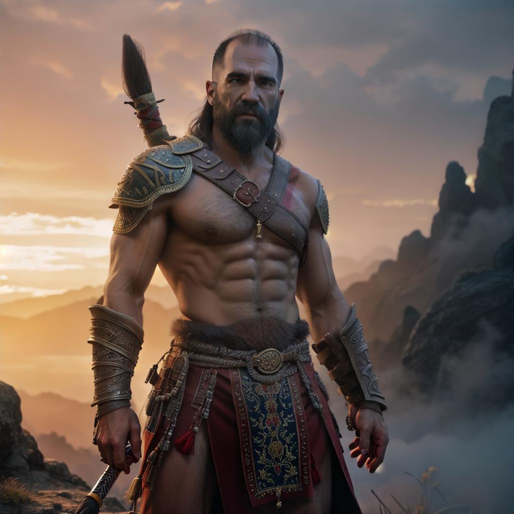  God of war hyperrealistic, full body, detailed clothing, highly detailed, cinematic lighting, stunningly beautiful, intricate, sharp focus, f/1. 8, 85mm, (centered image composition), (professionally color graded), ((bright soft diffused light)), volumetric fog, trending on instagram, trending on tumblr, HDR 4K, 8K