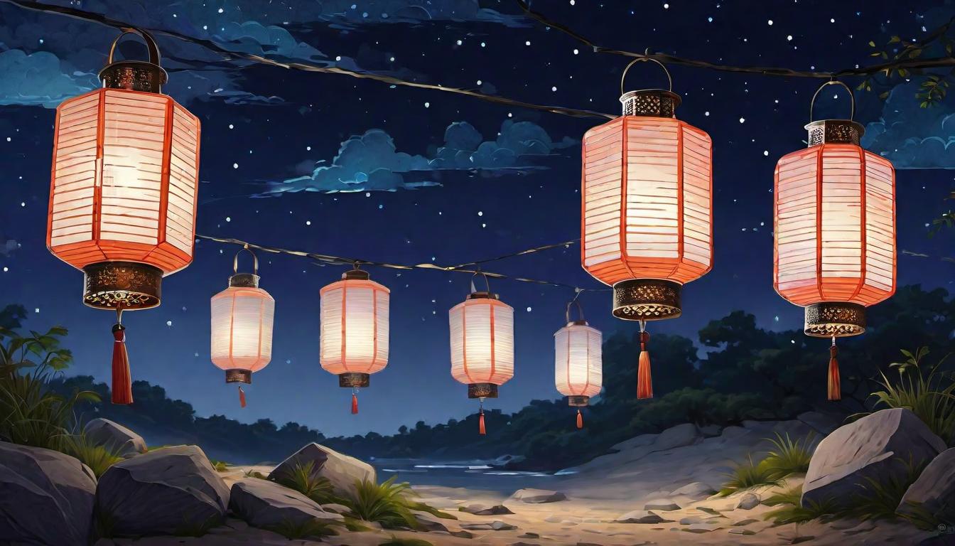  digital painting of A series of lanterns under a night sky, each casting a different pattern on the ground, multiplicity of meanings, guiding lights, depth of interpretation looking at viewer, dynamic pose, (intricate details, masterpiece, best quality)