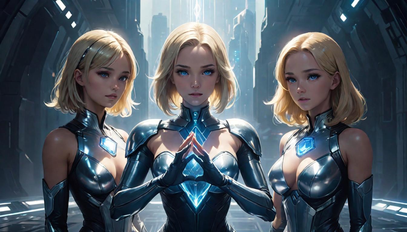  2girls, large busted attractive blonde arian female humanoids, one holding a radiant crystal, another in meditation, surrounded by ethereal light, theme of communication and connection, high tech clothing clad in sleek, futuristic costume with metallic accents and form fitting designs, marvel superhero comics style, unreal engine rendering