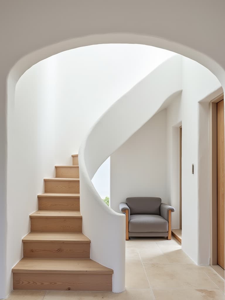  capture an editorial photography of a staircase in a home, artistically presented in the ibicenco style, known for its white washed walls, natural materials, and rustic elegance. the photo showcases a dutch angle perspective, enhancing the staircase that connects different levels of the home. the design features oak wood materials and is colored in a palette with dominant white (rgb 255 255 255, #ffffff), complemented by alto (rgb 219 219 219, #dddddd) and accented by mine shaft (rgb 50 50 50, #1f1f1f). the walls are painted in silver (rgb 192 192 192, #cccccc), and the furniture is a dusty gray (rgb 168 152 155, #999999).