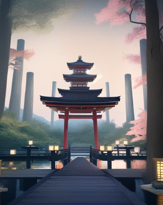  masterpiece, best quality,(fidelity: 1.4), best quality, masterpiece, ultra high resolution, 8k resolution, night view inspired by Japanese art, featuring a garden illuminated by paper lanterns and a wooden bridge spanning a tranquil lake with a small Zen temple by the lake. The water reflects the stars.