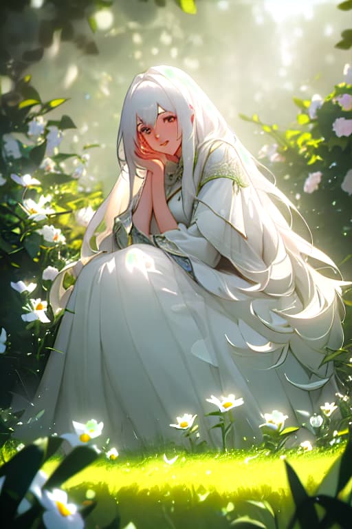  (masterpiece, best quality),1girl with long white hair sitting in a field of green plants and flowers, her hand under her chin, warm lighting, white dress, blurry foreground hyperrealistic, full body, detailed clothing, highly detailed, cinematic lighting, stunningly beautiful, intricate, sharp focus, f/1. 8, 85mm, (centered image composition), (professionally color graded), ((bright soft diffused light)), volumetric fog, trending on instagram, trending on tumblr, HDR 4K, 8K