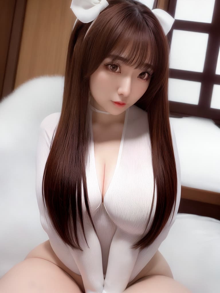  (real person), Adorable young Female, Japanese, short, fat, age 17, room, long brown hair with twin tails and white bows on the side, brown big eyes, fairly pale skin, young doll like face, wearing an extremely tight white bodysuit with s poking out and a mive v neck, with tight thigh high brown socks, full body, sitting looking at the viewer with a sadistic and ful face, mive s, fat , high detailed face, beautiful eyes, best quality, ultra high resolution, extremely detailed, bright light, 1 , solo, ultra realistic hyperrealistic, full body, detailed clothing, highly detailed, cinematic lighting, stunningly beautiful, intricate, sharp focus, f/1. 8, 85mm, (centered image composition), (professionally color graded), ((bright soft diffused light)), volumetric fog, trending on instagram, trending on tumblr, HDR 4K, 8K