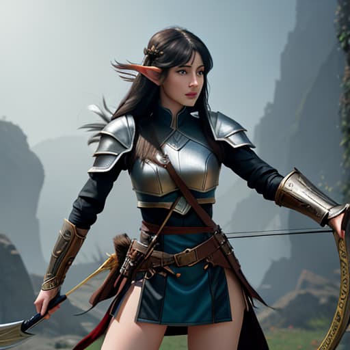  young female elf warrior, long straight black hair and blue eyes dressed in leather armor holding a bow and arrow hyperrealistic, full body, detailed clothing, highly detailed, cinematic lighting, stunningly beautiful, intricate, sharp focus, f/1. 8, 85mm, (centered image composition), (professionally color graded), ((bright soft diffused light)), volumetric fog, trending on instagram, trending on tumblr, HDR 4K, 8K