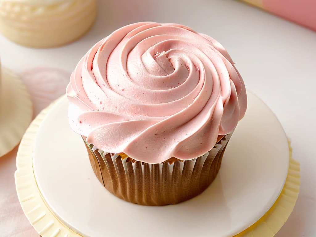  A closeup, ultradetailed image of a delicate, perfectly piped swirl of allergyfriendly frosting on a cupcake. The frosting is a soft pastel pink shade, swirled elegantly with a glossy finish, sitting atop a goldenbrown cupcake liner. The texture of the frosting is smooth and velvety, with tiny, intricate details visible in the swirls. Light reflects off the frosting, highlighting its flawless presentation and inviting nature. The background is a soft focus, creating a simple and minimalistic composition that draws the viewer's attention to the exquisite frosting design. hyperrealistic, full body, detailed clothing, highly detailed, cinematic lighting, stunningly beautiful, intricate, sharp focus, f/1. 8, 85mm, (centered image composition), (professionally color graded), ((bright soft diffused light)), volumetric fog, trending on instagram, trending on tumblr, HDR 4K, 8K