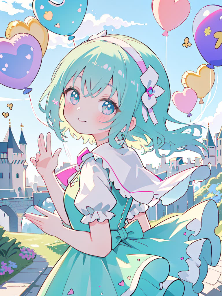  ultra detailed:1.2,masterpiece:1.2,best quality,masterpiece,bestquality,hdr:1.1,8k:1.1,very cute girl:1.3,(old castle:1.2),heart shaped balloon:1.3,(holding heart shaped balloon:1.3),candy stripe dress:1.3,looking back:1.3,ribbon headband:1.3,head tilt:1.4,waving hand:1.3,seductive smile:1.4,upper body:1.1, masterpiece, best quality,8k,ultra detailed,high resolution,an extremely delicate and beautiful,hyper detail