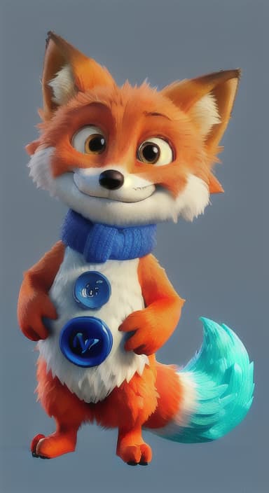  {Error the fox pressing the blue button with his paw, looking puzzled as nothing occurs., Error is a small, bright orange fox with a fluffy tail and big, inquisitive eyes. He has a mischievous yet kind expression and wears a tiny green scarf.